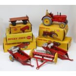 Dinky Toys, five models, Farming Tractor, 300 boxed, Hay rake, 324 boxed, also 321 x 2 and 429 all