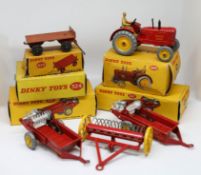 Dinky Toys, five models, Farming Tractor, 300 boxed, Hay rake, 324 boxed, also 321 x 2 and 429 all