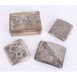 Three Chinese cigarette cases decorated with dragons together with a Chinese cigar box decorated