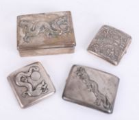 Three Chinese cigarette cases decorated with dragons together with a Chinese cigar box decorated