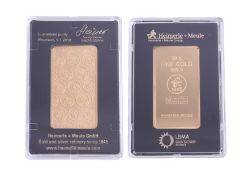 Gold, a 50g bar of fine gold, 999.9, cased by Heuer, guarantee date 9th January 2018.