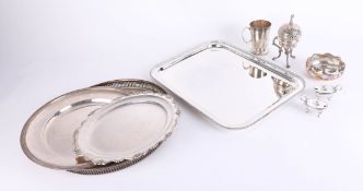 A collection of silver plated wares, including serving trays, centrepiece bowl etc.