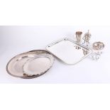 A collection of silver plated wares, including serving trays, centrepiece bowl etc.