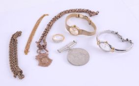 A small boxed collection to include two watches, medal, dress ring, 9ct gold medalion etc.