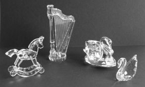 Swarovski Crystal Glass, Harp, Rocking Horse, Swan and small Swan (4), boxed.