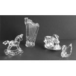 Swarovski Crystal Glass, Harp, Rocking Horse, Swan and small Swan (4), boxed.