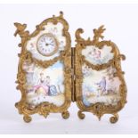 A 19th/early 20th century easel porcelain and gilt metal miniature clock, possibly French, the