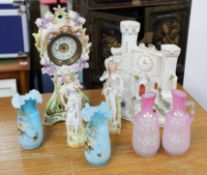 A collection of cermaics to include Staffordshire flatback, pairs of satin glass vases, Art