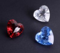 Swarovski Crystal Glass, three heart paperweights, red, blue and clear (3).