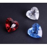 Swarovski Crystal Glass, three heart paperweights, red, blue and clear (3).