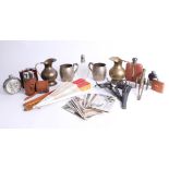 A collection of various hip flasks, three fans, some mixed brass ware, silver plated wares, WWI