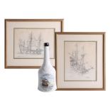 A Spode Plymouth Mayflower decanter, height 26cm, together with two pencil sketches of the Mayflower
