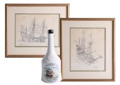 A Spode Plymouth Mayflower decanter, height 26cm, together with two pencil sketches of the Mayflower