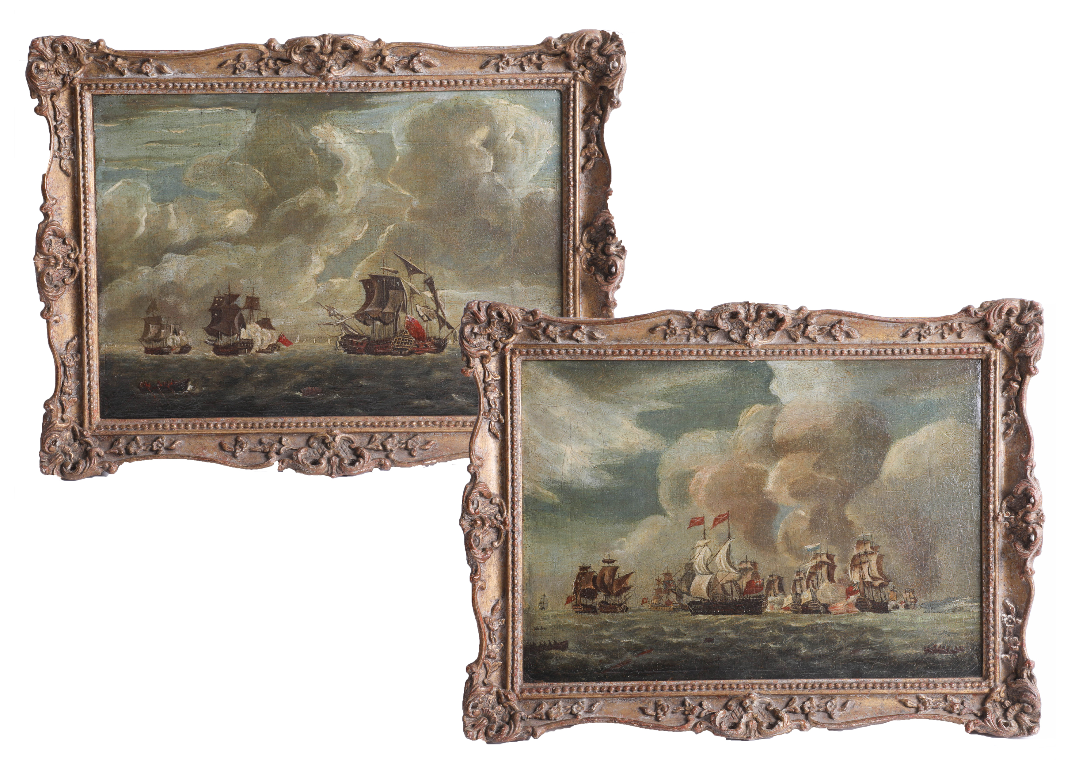 A pair of naval battle paintings, oil on canvas, not signed, 20th Century, ornate gilt frames,