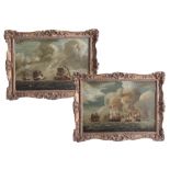 A pair of naval battle paintings, oil on canvas, not signed, 20th Century, ornate gilt frames,