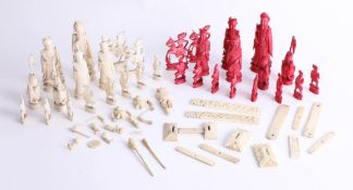 A carved bone chess set figures together with other carved bone items (some damage).