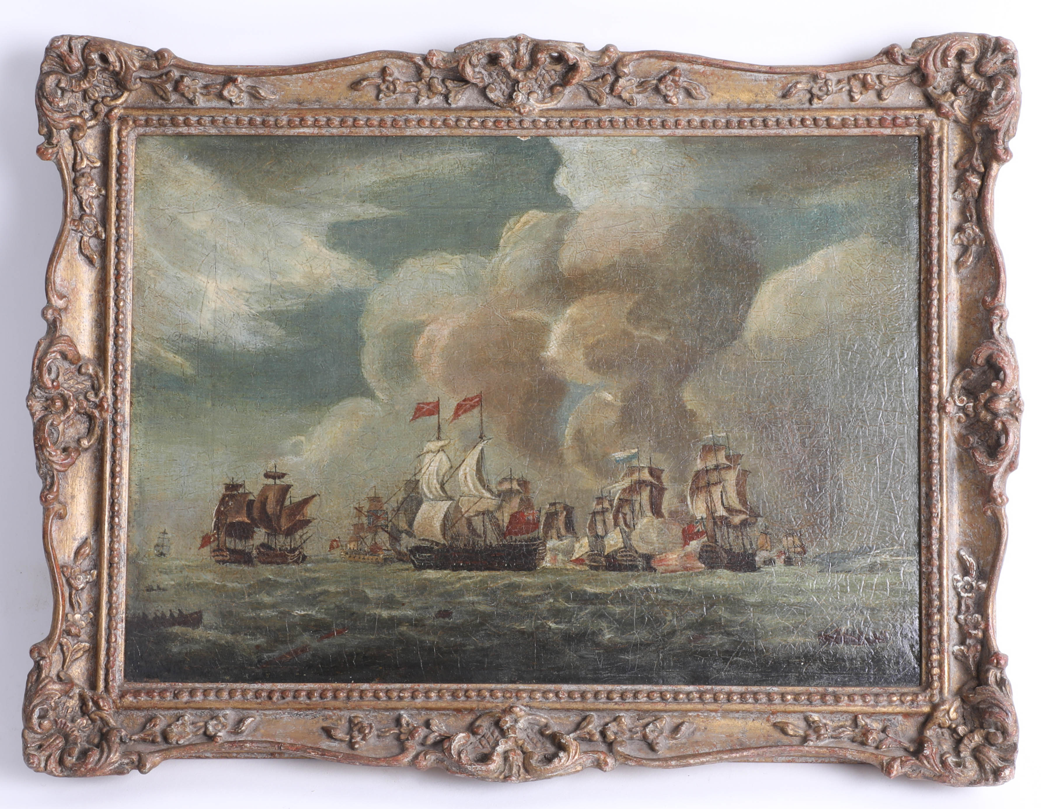 A pair of naval battle paintings, oil on canvas, not signed, 20th Century, ornate gilt frames, - Image 2 of 4