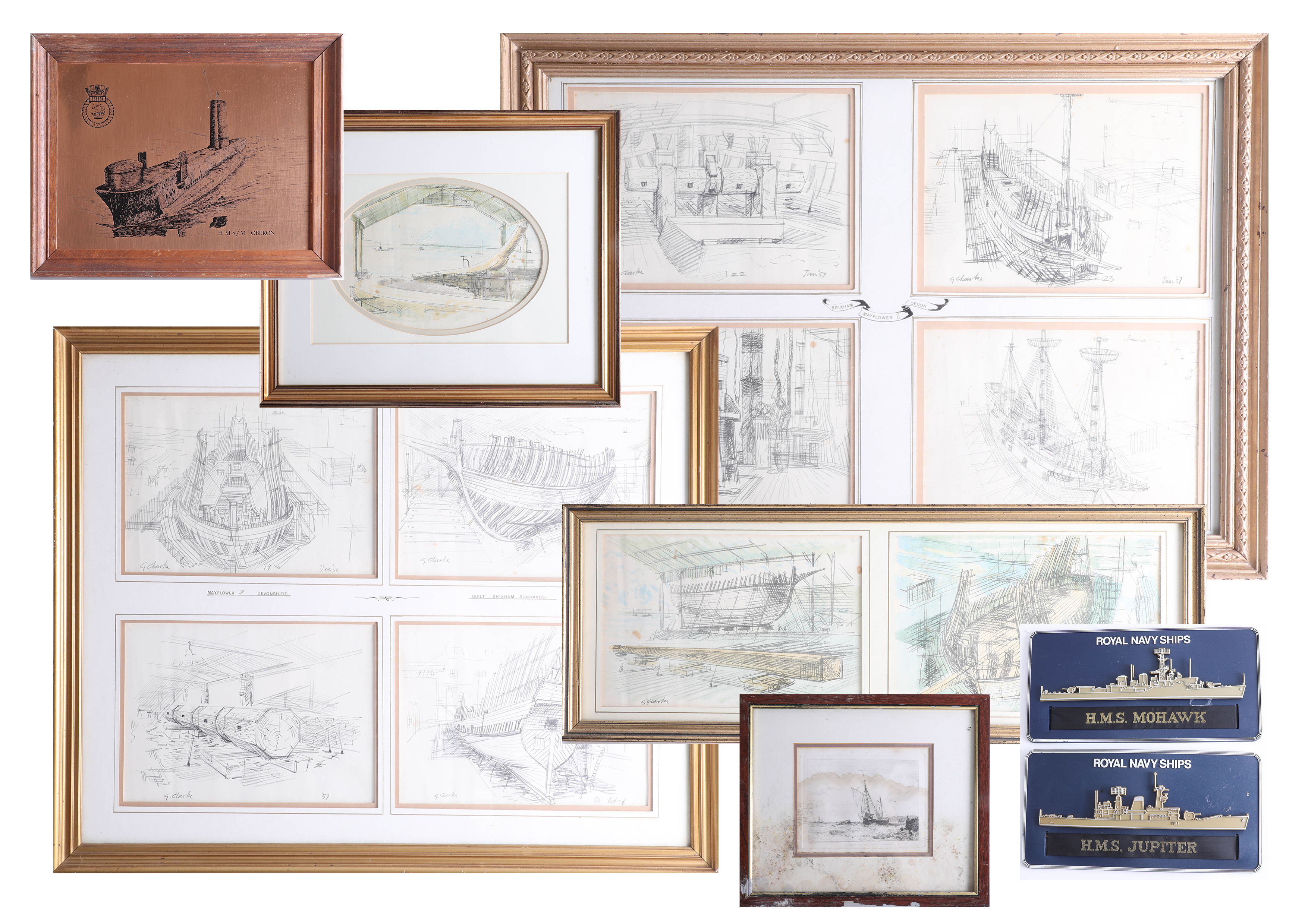 An interesting collection of pictures including G.Clarke also pencil sketches of the Mayflower II,