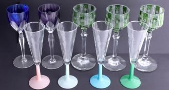 Bavarian and other coloured glass wine glasses, including a set of four with opaline stems, height