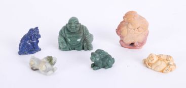 A carved hardstone green Buddha, carved ivory netsuke and four other carvings (6).