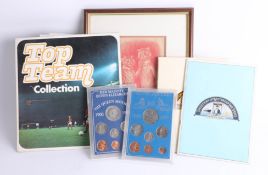 Mixed collection including print after Louis Wain, coins, stamps, etc.