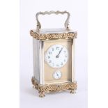 A French carriage clock, with alarm, decorative case and platform escapement with key, height 15.5cm
