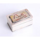 A small silver and enamelled box with match strike, the top with plaque marked 'Bella', makers