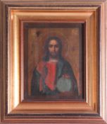 A Russian style icon painting of Christ on board in modern gilt frame, 17cm x 13cm.