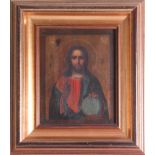 A Russian style icon painting of Christ on board in modern gilt frame, 17cm x 13cm.