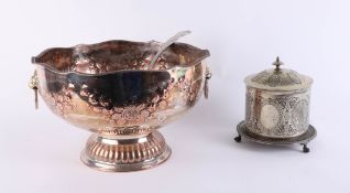 A large silver plated punch bowl and a biscuiteer (2).