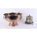 A large silver plated punch bowl and a biscuiteer (2).