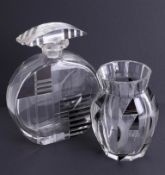 An art deco black and clear glass decanter/scent bottle, height 17cm and similar vase (2).