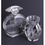 An art deco black and clear glass decanter/scent bottle, height 17cm and similar vase (2).