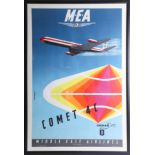 An airline poster M.E.A Comet 4C, framed, overall size 90cm x 62cm.