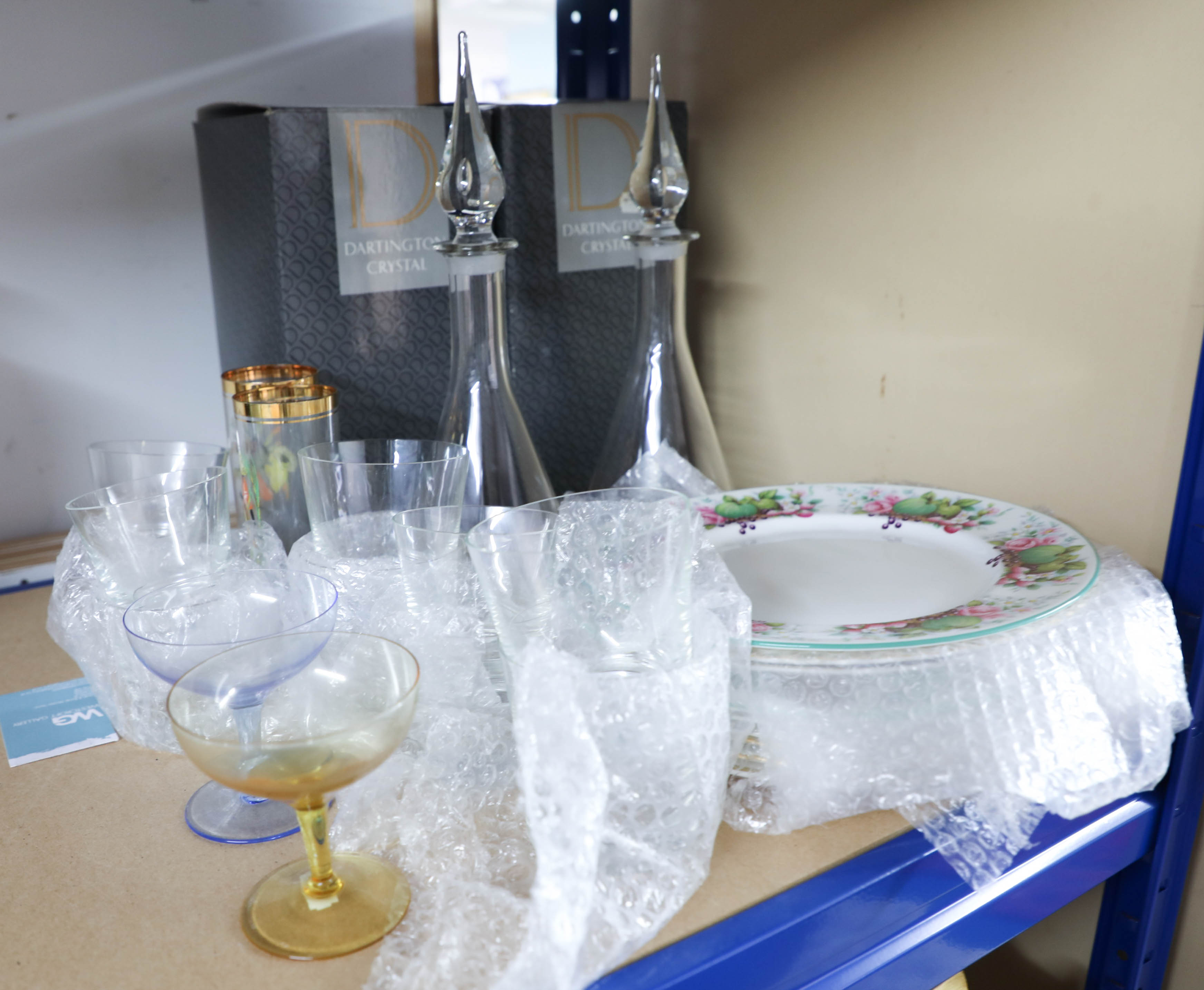 Mixed collection including two Dartington crystal decanters, glass ware and porcelain plates.