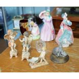 Three Royal Doulton figurines including 'Miss Demure', 'Spring Morning' and 'Mary Mary' and other