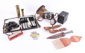 Mixed collection to include Carl Zeiss binoculars, AA car badge, Ilford Sportsman camera, silver