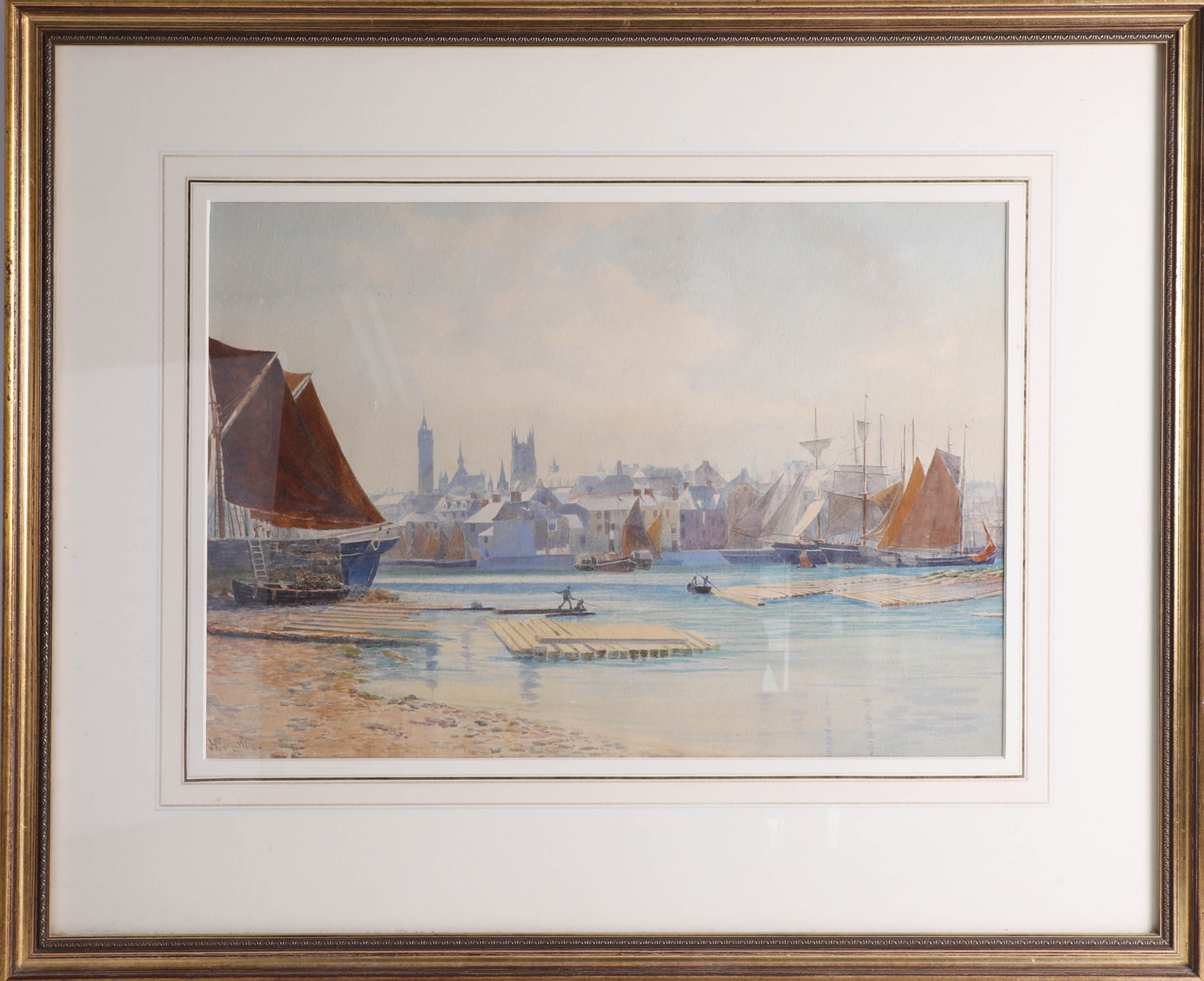 Henry Martin (1835-1908) watercolour 'Baltic Timber Ships, Sutton Harbour, Plymouth', 33cm x 47cm.