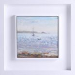 J.K.Woolley, oil on board titled 'May, Morning Beach', 15cm x 15cm, framed.