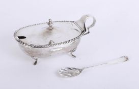 A continental silver lidded dish, glass lined with spoon, approx 8.90oz