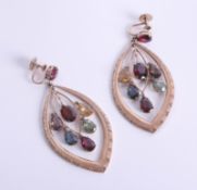 A pair of fancy yellow metal, unmarked, semi precious stone earrings, length 28mm.