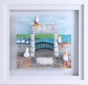 Lou from Lou C fused glass, original glass work, titled 'Plymouth Gulls', titled and signed.