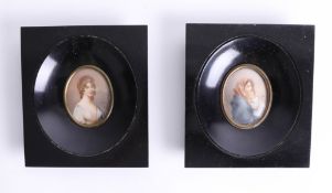 Two 20th century Continental miniature portrait of ladies, signed, frame size 12cm x 10cm.