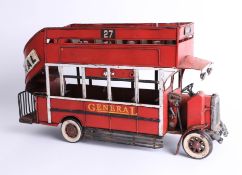 A tin model of a double decker 'General no. 27, London bus', length 42cm, height 24cm.