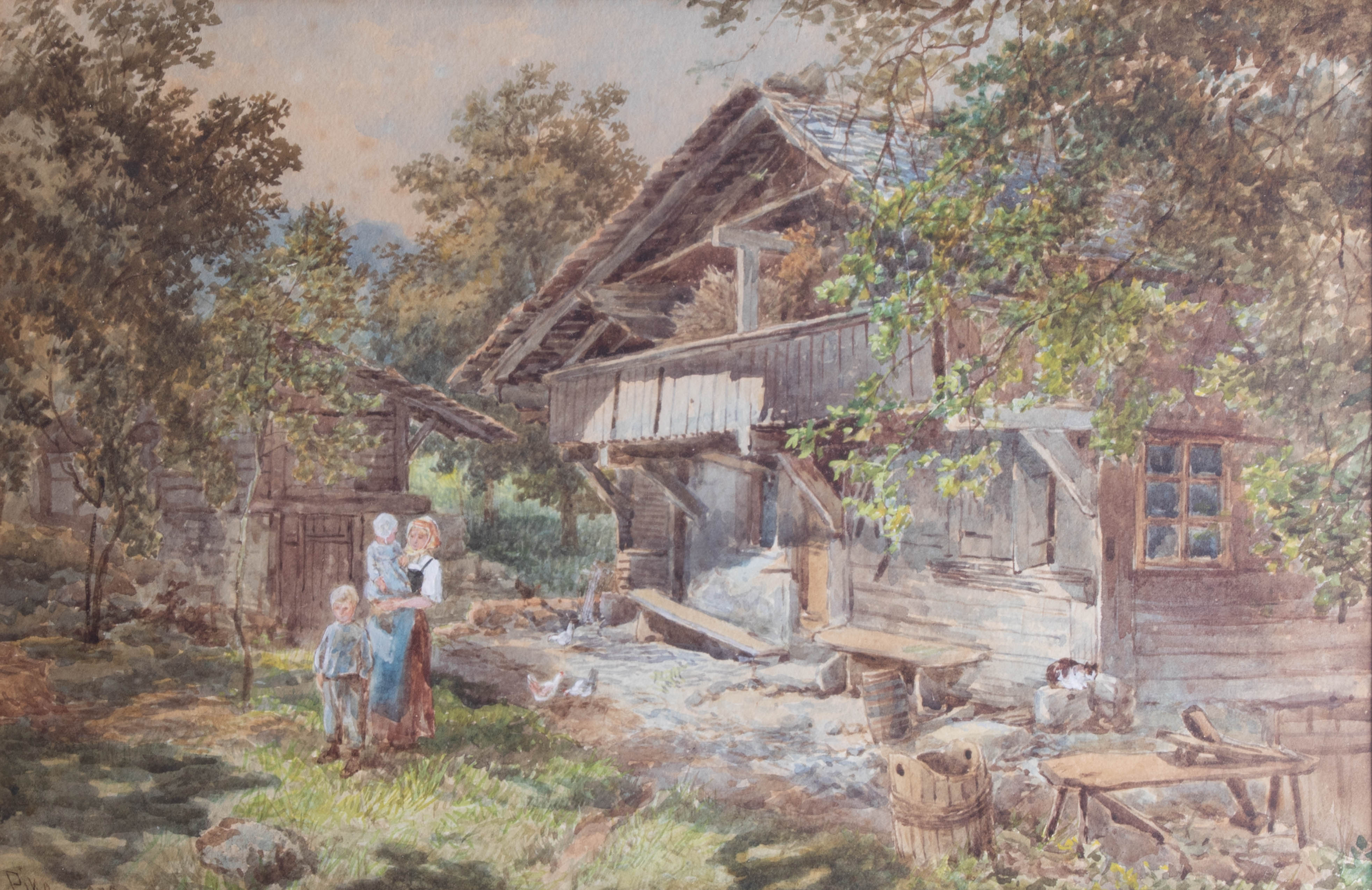 William Henry Pike (1846-1908), watercolour 'Figures outside cottage with waterwheel', signed and - Image 2 of 2