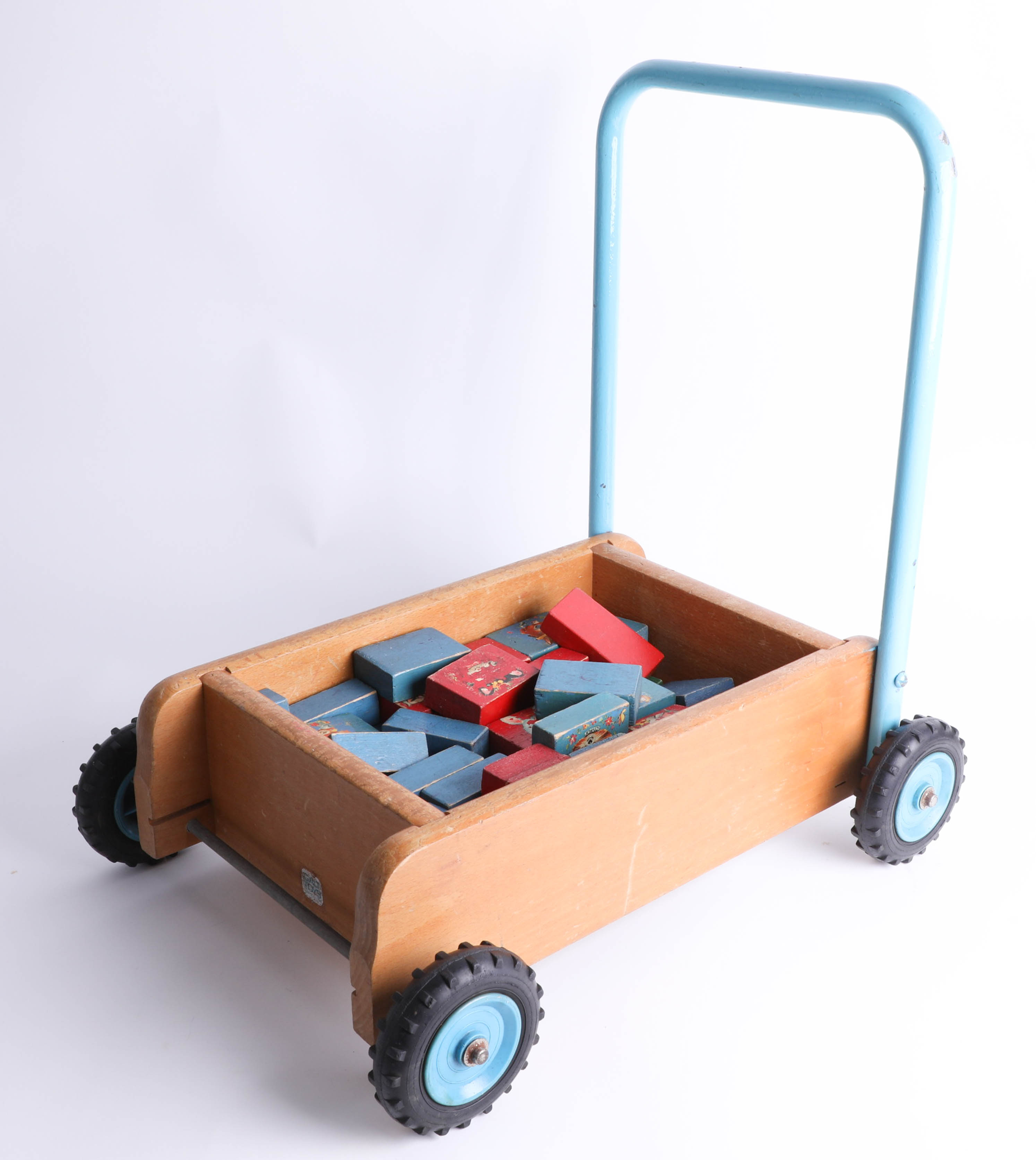 Galt Toys, a 1960's child's trolley with bricks.