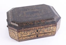 A 19th/early 20th century Chinese lacquered and fitted work box, 36cm wide.