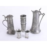 Art Nouveau style Bavarian pewter, including flagons and beakers (9).