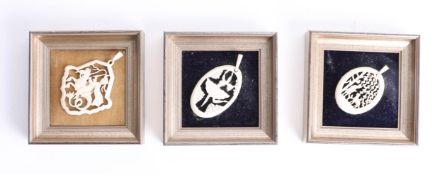 Three miniature carved bone pendants depicting figures and ballerina (3).