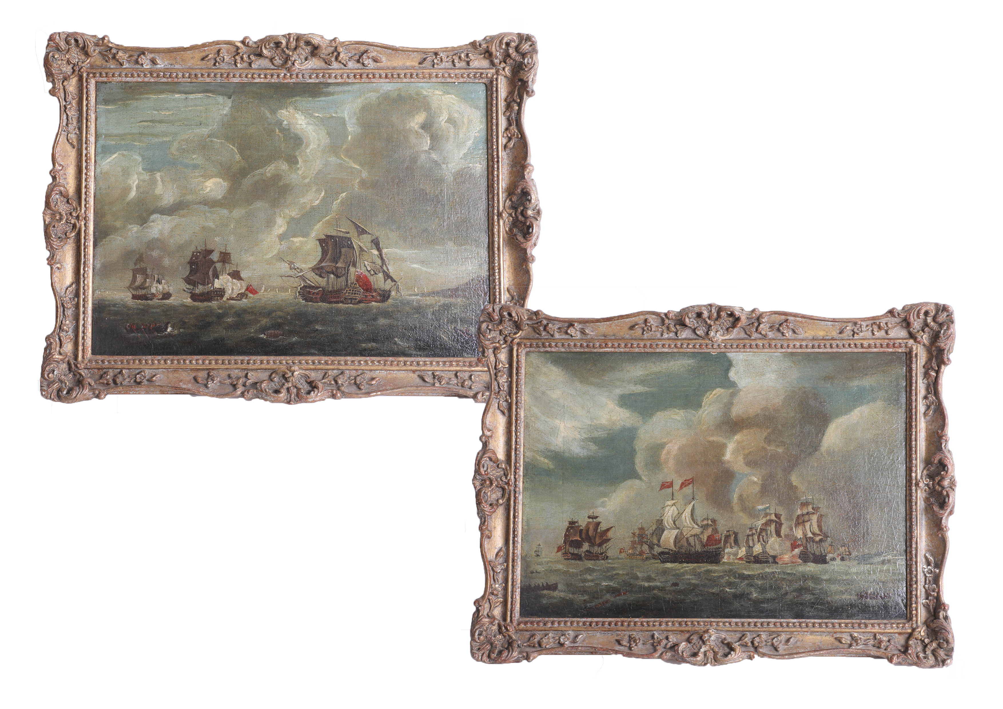 A pair of naval battle paintings, oil on canvas, not signed, 20th Century, ornate gilt frames, - Image 4 of 4